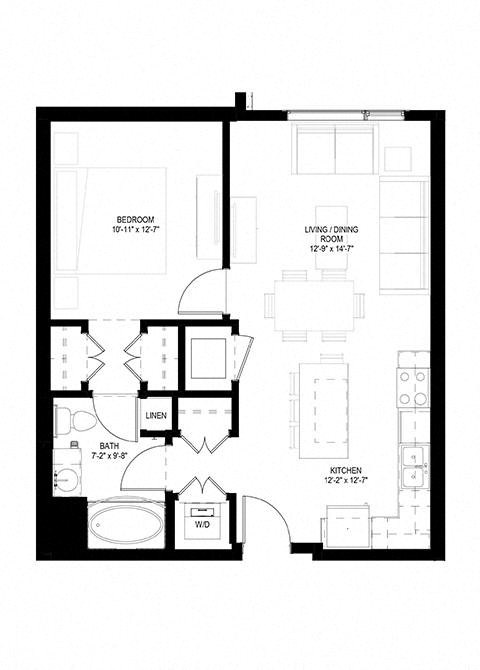 Floor plan for 1 bed, 1 bath, 706 sqft
